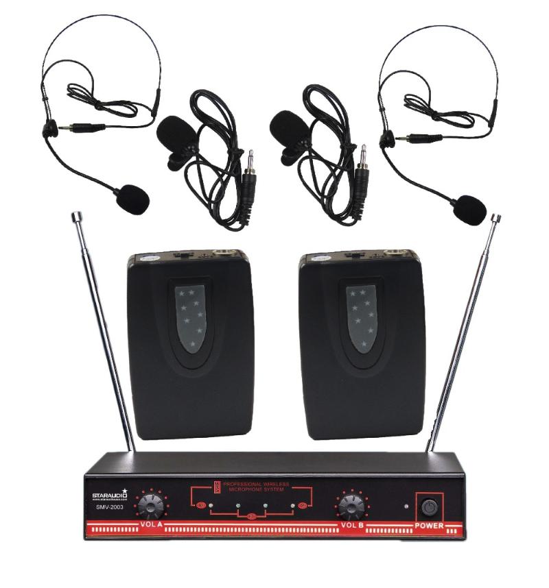Pro PA DJ 2CH VHF Wireless Stage Church Club Karaoke Party Dynamic Lavaliere Headset Microphone System SMV-2003B Microphones