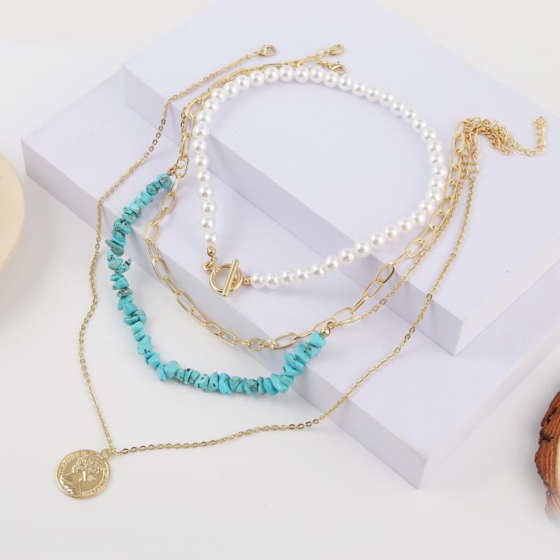 Wholesale Fashion Metal Pearl Multilayer Chain Necklace Classic Gold Plated Stone Pendant Women Jewelry Chokers