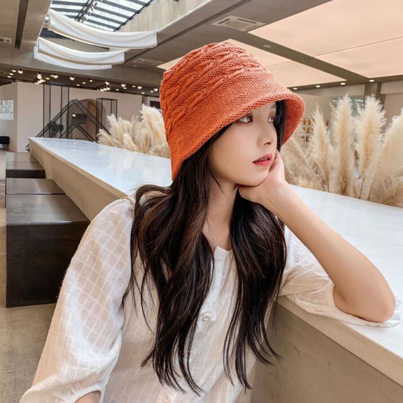 Korean Pure Color Arrow Knitting Bucket Hat Spring Summer Brand Cotton Natural For Women Fashion Wide Brim Cap Hats