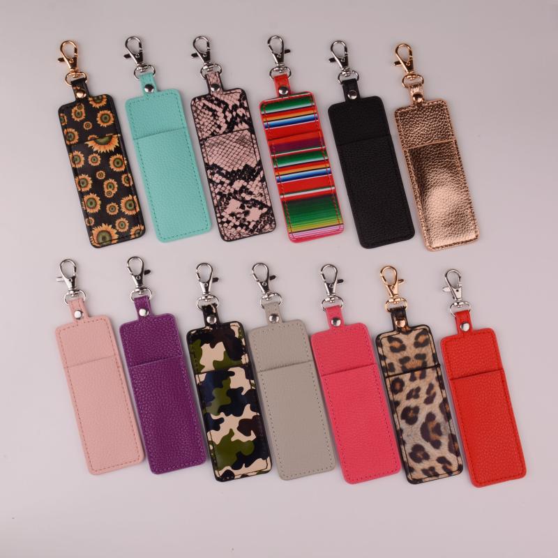 Simple Lipstick Bag Keychain PU Leather Sunflower Leopard Key Chain Gifts Accessory Lip Lipsticks Keyrings Keychains