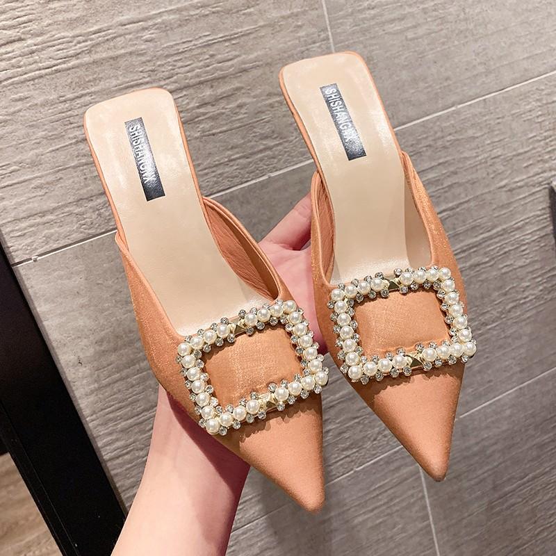 Slippers Casual Glitter Slides Pointed Toe Med Female Shoes Thin Heels Heeled Mules String Bead Shallow Luxury Jelly 2021 Soft C