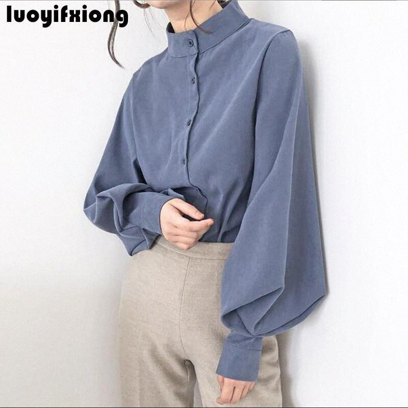 New 2019 Fashion Blouse Women Stand Collar Shirt Large Lantern Sleeve Kimono Cardigan Womens Tops and Blouses Vogue Women Shirts j01Q#
