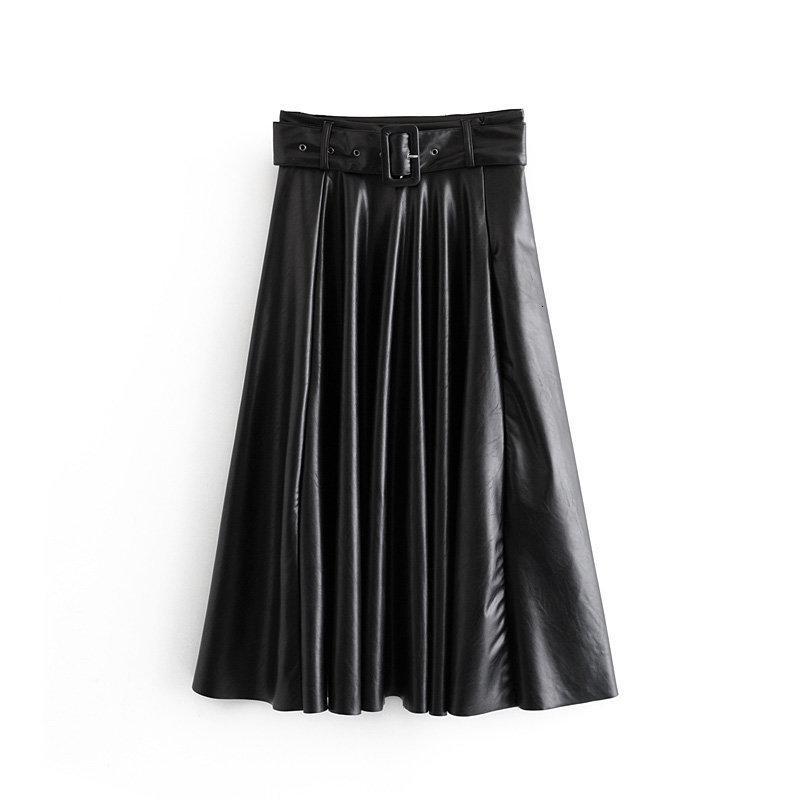 Casual Dresses Women Vintage Faux Leather Skirt With Belt 2021 Elegant Office Ladies Black PU Midi Fashion Pleated s 9W0B
