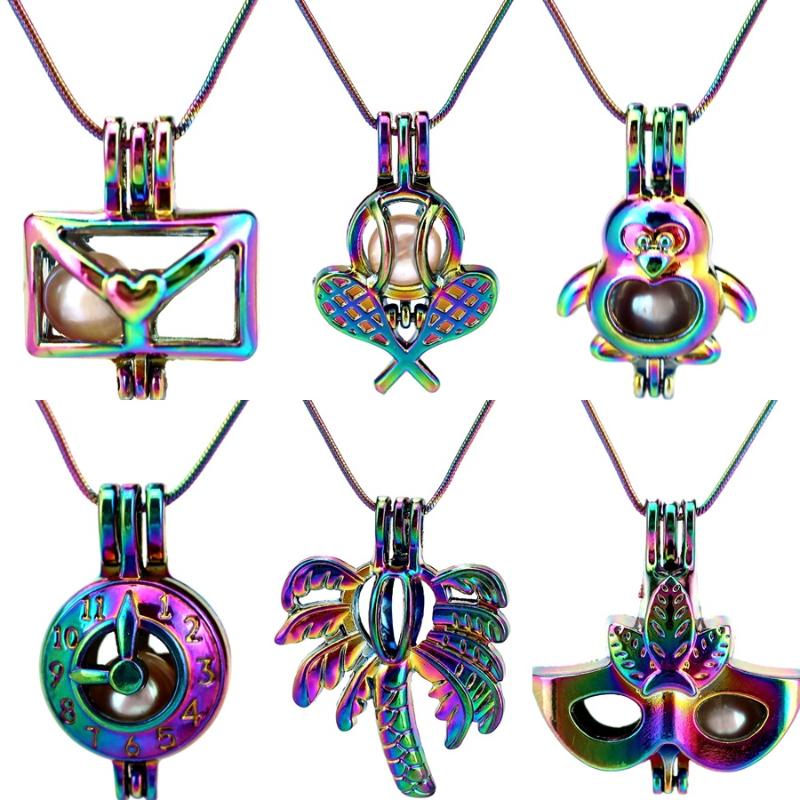 Pendant Necklaces 22&#039;&#039; Snake Chain Rainbow Pearl Cage Tree Mask Penguin Love Letter Locket Perfume Diffuser Stainless Necklace