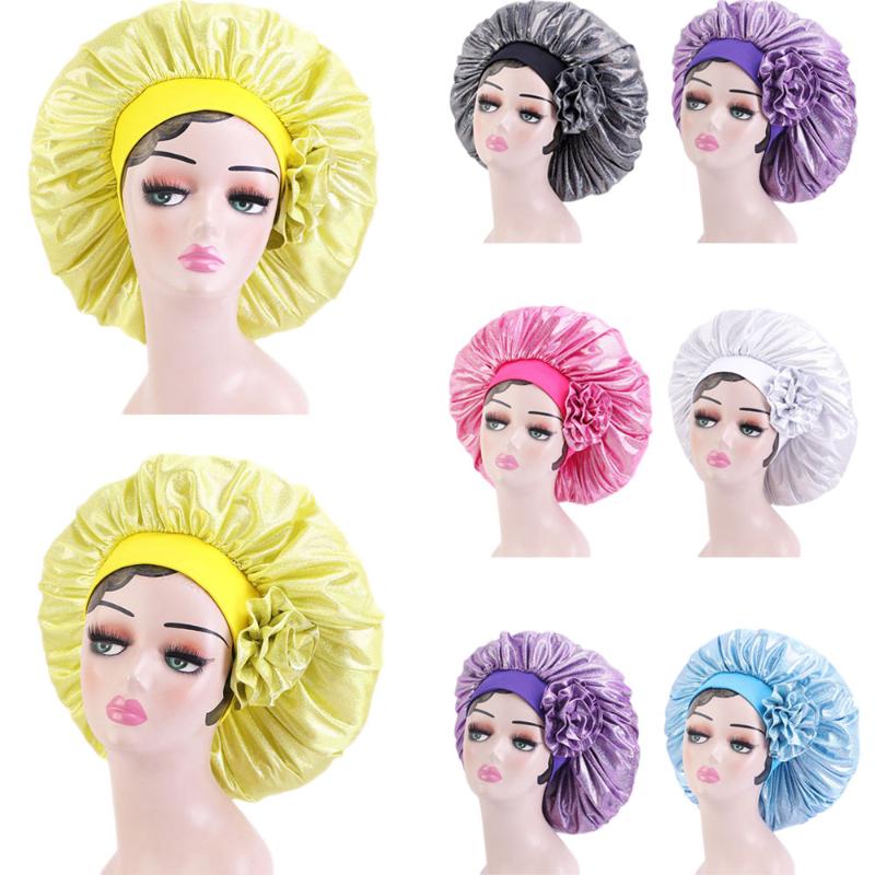 Beanie-Skull Caps Fshion Women Satin Night Sleep Cap Hair Bonnet Hat Head Cover Wide Elastic Band Big Flower Glitter Beanies Skullies Care