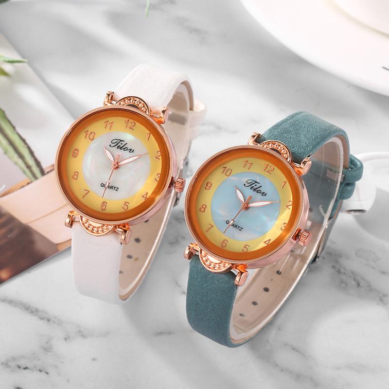 Wristwatches Fashion Women&#039;s Watches Clock Gifts Double Circle Disc Color Shell Faux Leather Strap Busines Analog WristWatch Montre Femme