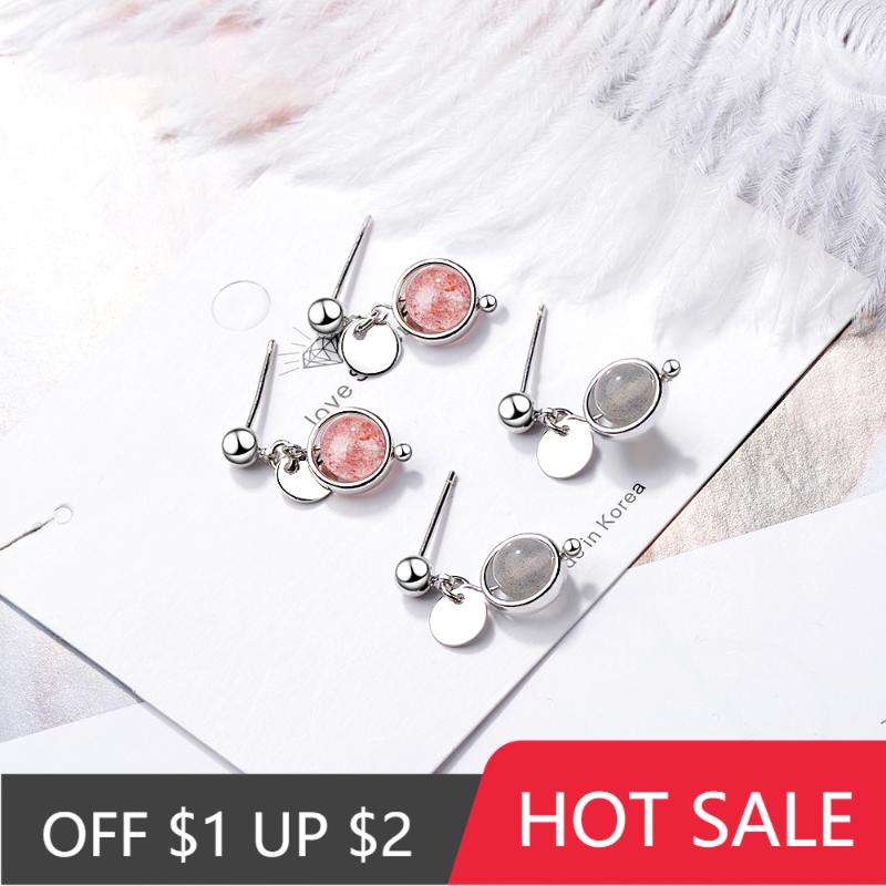 Stud POPACC 925 Sterling Silver Simple Natural Pink Strawberry Crystal Moonstone Little Tassel Earring For Women Gift