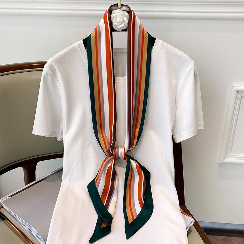 Scarves Fashion Long Silk Feeling Scarf Women Colorful Striped Line Head Skinny Hair Tie Band Small Wrap Neck Snood 150*15Cm