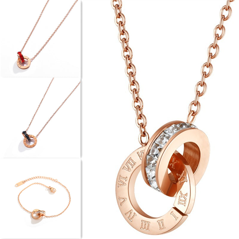Roman Numerals Pendant Necklaces 18K Rose Gold Fashion Women Party Choker Jewelry Titanium Steel Double Circle Crystal Diamond Bracelets Gifts Not F