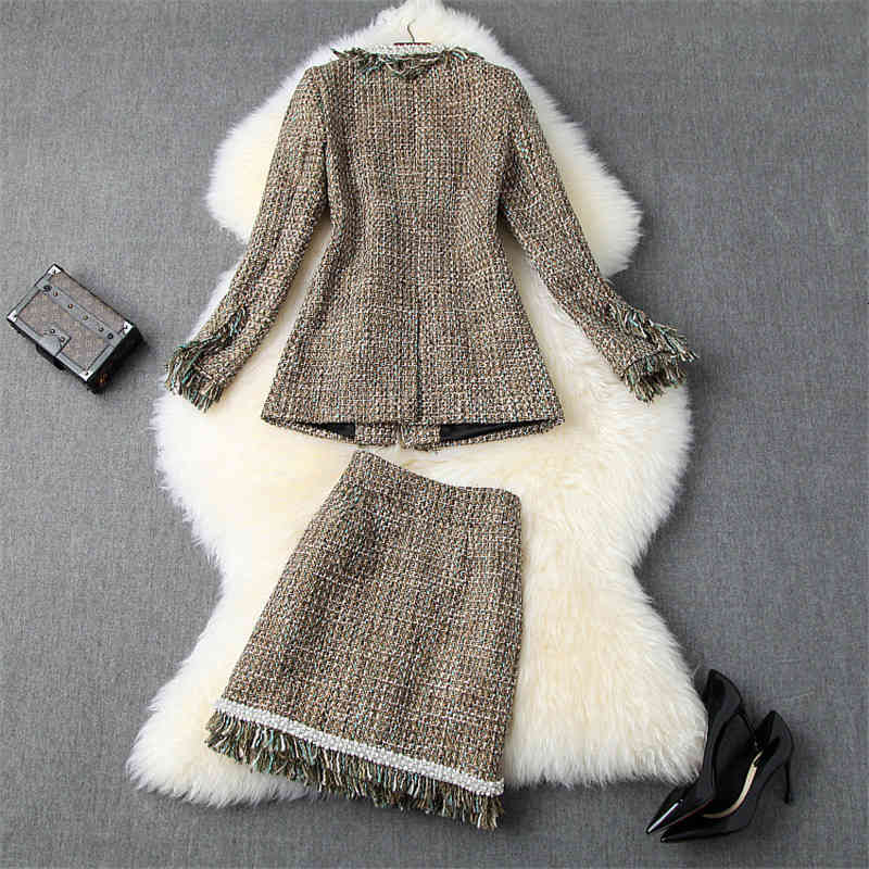 Two Piece Dress Winter designers woman suit Autumn lady from the office luxury outfits vintage tweed wool jackets and skirt sets YXE4
