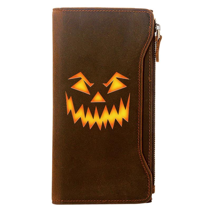 Wallets Halloween Pumpkin Design Holder Package Genuine Leather Zipper Wallet Men Long Clutch Purse Gift