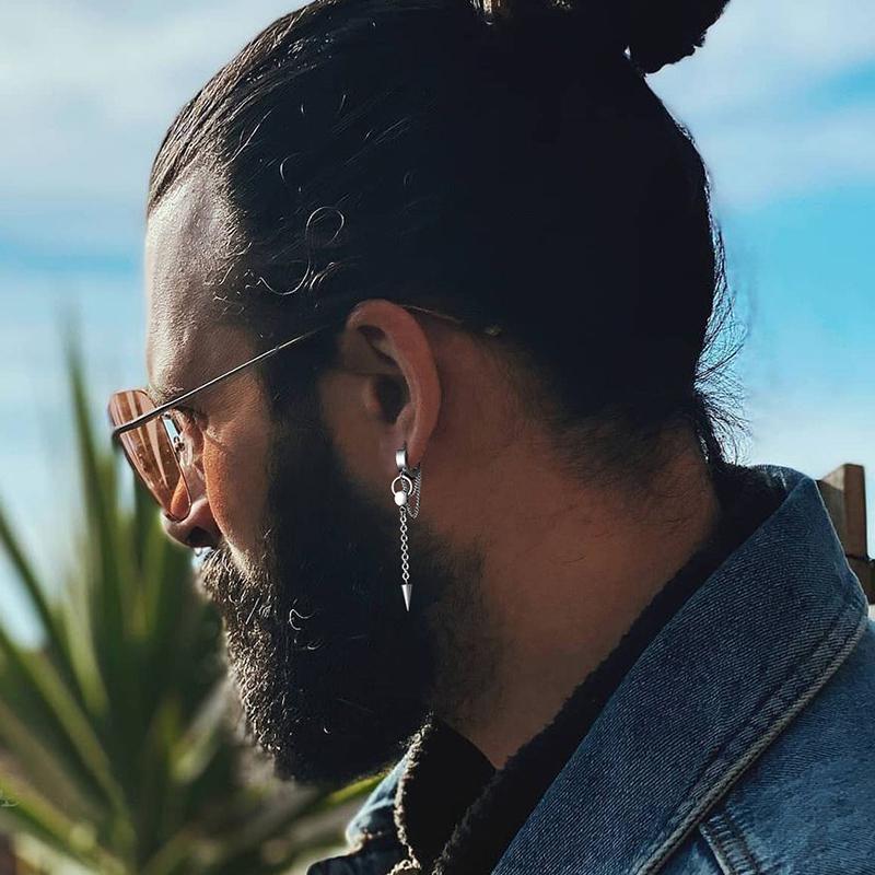 Hoop & Huggie Men Earring, Triangle Cone Spike Long Chain Stainless Steel Double Connected Chains, Hoops Earring Mens Jewelry