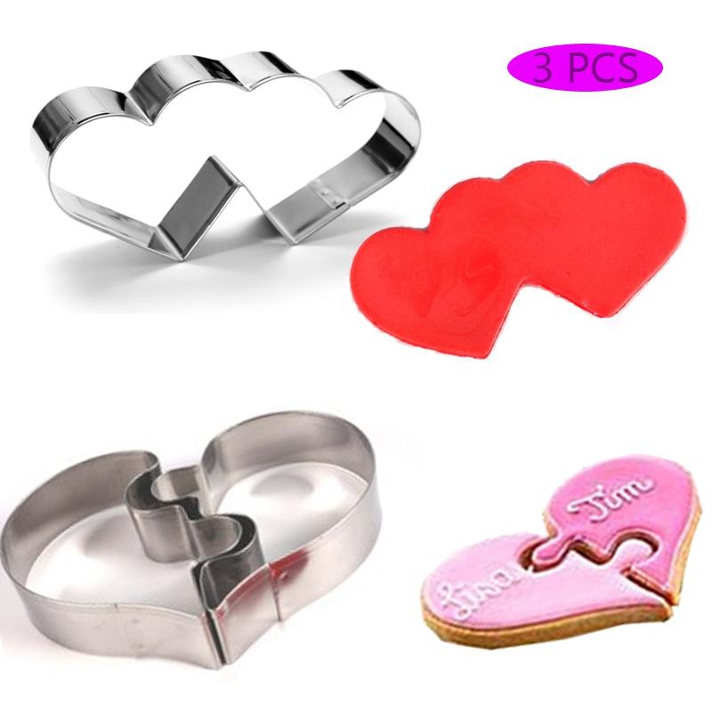 Baking Moulds 3Pcs 3D Heart Shaped Cookie Cutter DIY Wedding Love Puzzle Cookies Mold Biscuits Stamp Maker Kitchen Metal Pastry Tool