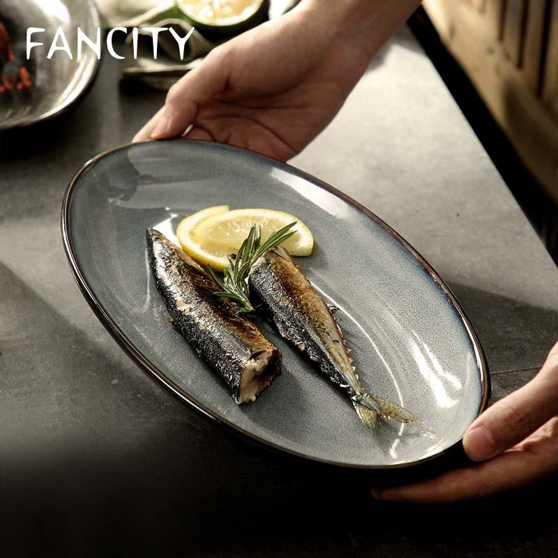 Dishes & Plates FANCITY High-value Creative Japanese Fish Plate Large Oval High-end Ceramic Commercial Household Deep Dish