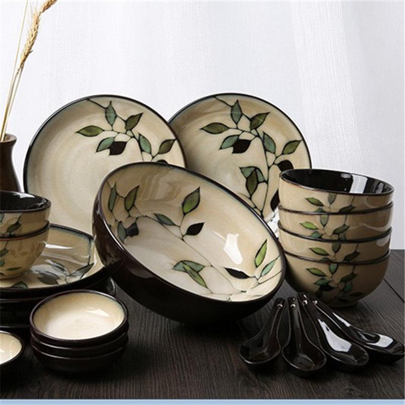 Dishes & Plates FANCITY Japanese Style Kiln Glazed Ceramic Tableware, Hand-painted Bamboo Leaf Nest Plate, Deep Dish Dumpl