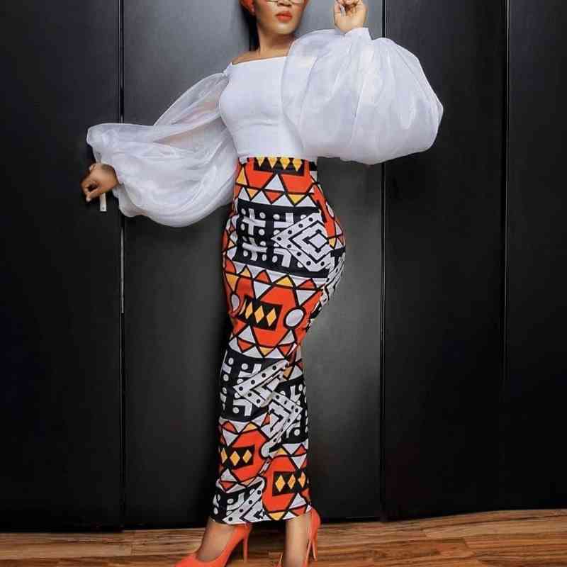 Two Piece Dress Fashion Women Outfits High Waist Printed Pencil Skirts Set White Shirt Blouse Lantern Sleeve Elegant Slim Fit Suit