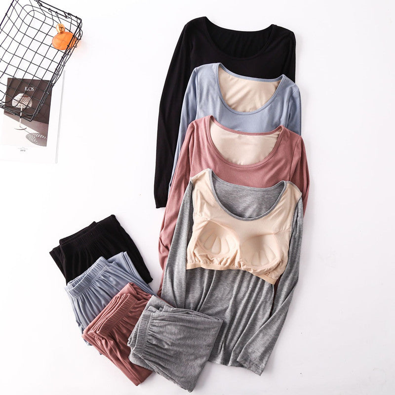 Women&#039;s Sleepwear Autumn Winter Women Modal Cotton Pajamas Set Bra Padded Long Sleeve Trousers Two Piece Suit Comfortable Home Wea