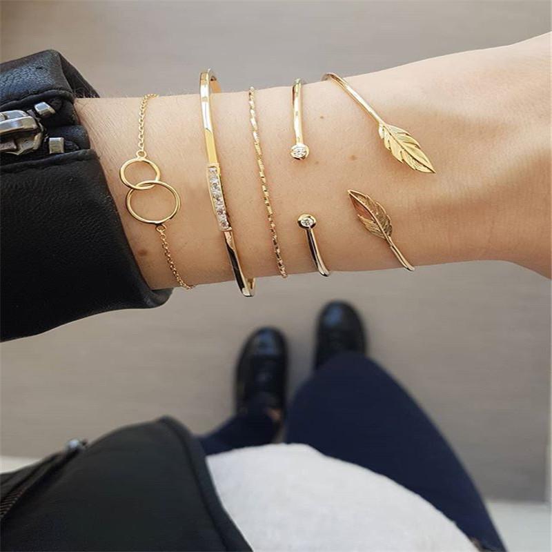 Link, Chain 5Pcs-set Women Fashion Round Open Leaves Crystal Geometry Gold Bracelet Set Charm Summer Beach Jewelry Gift Accessories