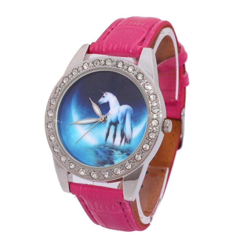Wristwatches Fashion Lucky Unicorns Cartoons Animal Women&#039;s Watch Analog Quartz Crystal Diamonds Leather Lady Student Wristwatch Gifts L40B