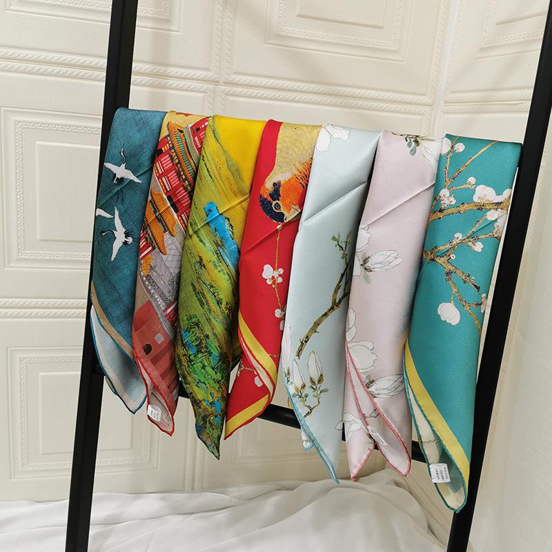 Scarves 53*53cm 100% Silk Scarf Square Chinese Architectural Flower And Bird Printing Design Head Kerchief Fashion Girl Handkerchief