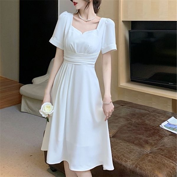 French Retro Temperament White Square Collar Party Dress Summer Elegant Puff Sleeve Female High Waist Slim A-Line Dresses 210519