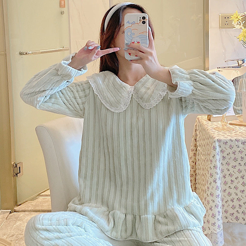 Women&#039;s Sleepwear Autumn Winter Pajamas Women Pijamas Set Sweet Lapel Ladies Home Clothes Coral Fleece Thicken Night Wear Suit 6LM