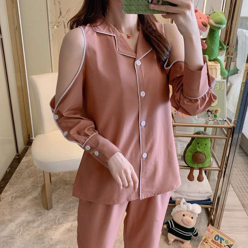 Women&#039;s Sleepwear Fashion Pajamas Women Cardigan Shirt + Pant 2 Piece Set Cotton Spring Autumn Off Shoulder Long Sleeve Pijamas Female Suit JCV