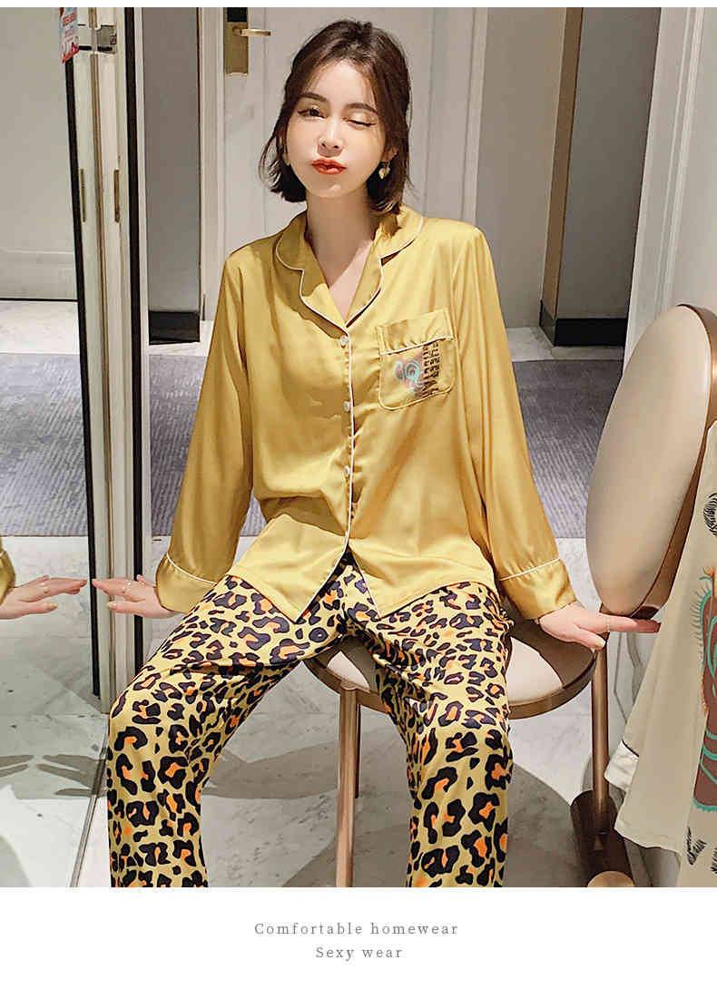 Women&#039;s Sleepwear Womens Silk Satin Pajamas Pyjamas Set Sleepwear Loungewear Spring Summer Ladies Pijamas Leopard Fashion Loose Night Suit 2XL