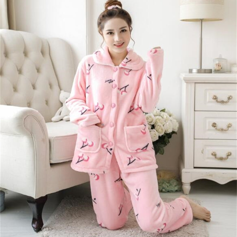 Women&#039;s Sleepwear Fdfklak Flannel winter pajamas women long sleeve thick sleepwear home clothing warm women&#039;s pijamas set print pyjama fem