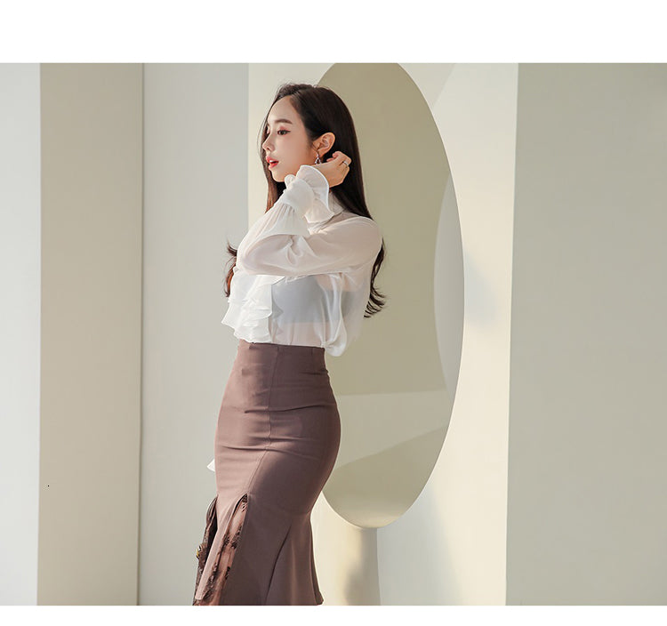 Two Piece Dress HIGH QUALITY Women Spring 2 Pieces Suits Peach heart type shirt Top + Bodycon Mermaid Skirts Evening Party Set HD