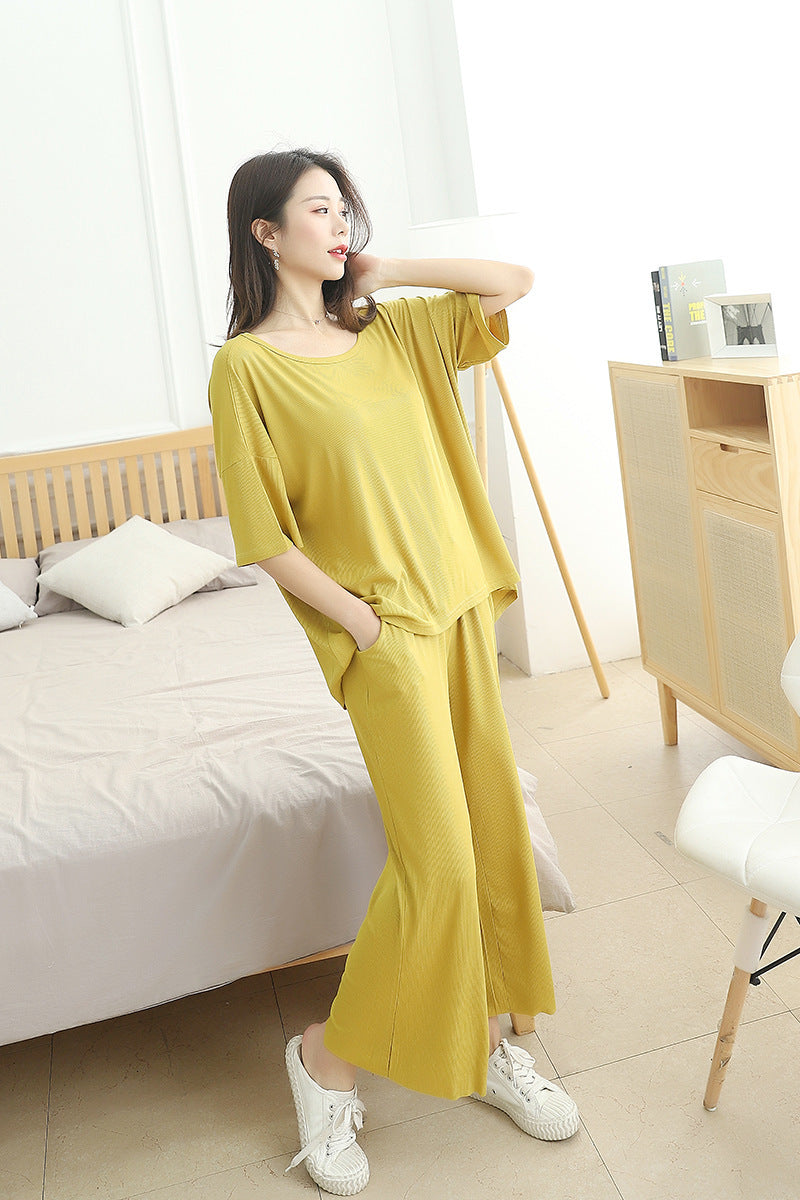 Women&#039;s Sleepwear Large Size Home Suit Female Summer Fat mm Loose Sleepwear Short-sleeved Shirt+Nine-point Casual Pants Pajamas Two-piece Set Z