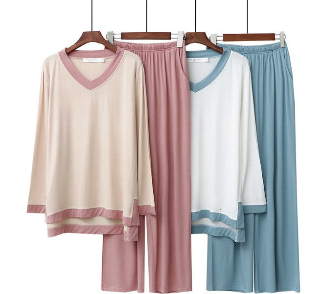Women&#039;s Sleepwear Modal fat MM Women Pajamas Set V-neck Long Sleeve Patchwork Color Nightwear Pijama Cotton Autumn Winter Sleepwear pyjama femm