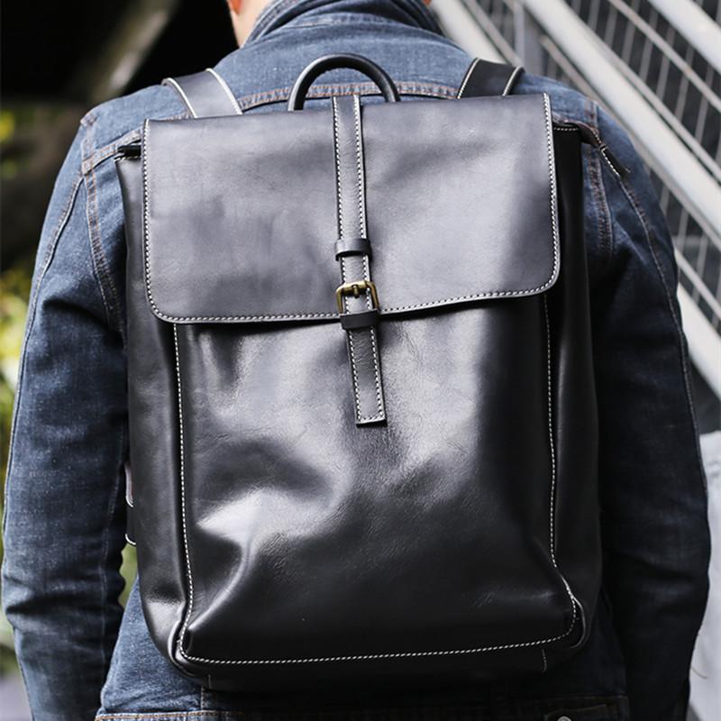 Backpack Simple Design Leather Men&#039;s Retro Black Laptop Top Layer Cowhide Casual Large-capacity Computer Bag