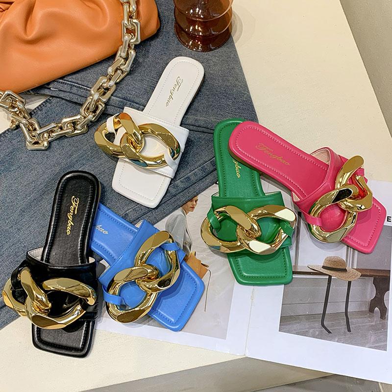 Slippers 2021 Fashion Brand Slipper Big Chain Buckle Summer Beach Slides Ladies Casual Outdoor Home Open Toe Flip Flop