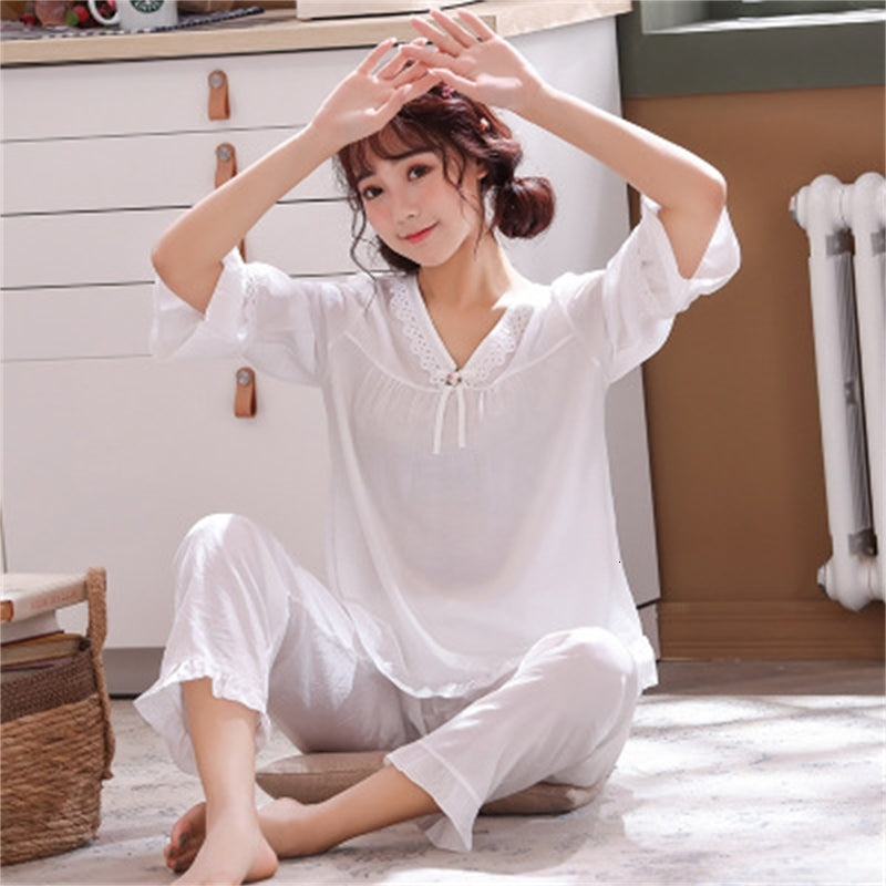 Women&#039;s Sleepwear High Grade Comfortable Women&#039;s Tencel Cotton Pajamas Set 3-4 Sleeve Spring Summer Lounge Pijama Suit Loose V-neck Pyjama