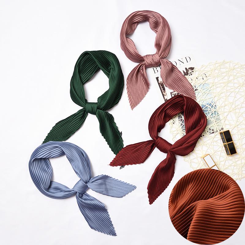 Scarves Women Faux Silk Bandana Crinkle Neck Scarf Foulard Small Headband Pleating Solid Color Neckwear Rhombus Office Lady Wrap