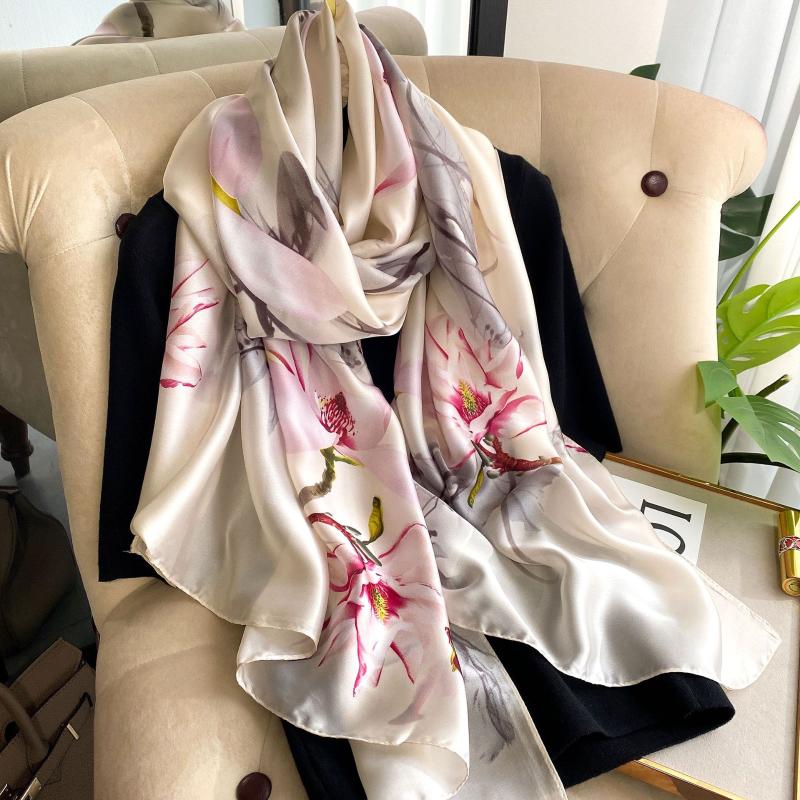 Scarves Spring Camellia Print Women Scarf Silk Bandana Hijabs Female Foulard Summer Beach Large Shawls And Wrap Echarpe