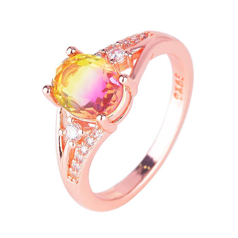 Wedding Rings Gorgeous Rose Gold Engagement For Women Oval Rainbow CZ Stone Inlay Fashion Jewelry Romantic Bands Party Gift Ring