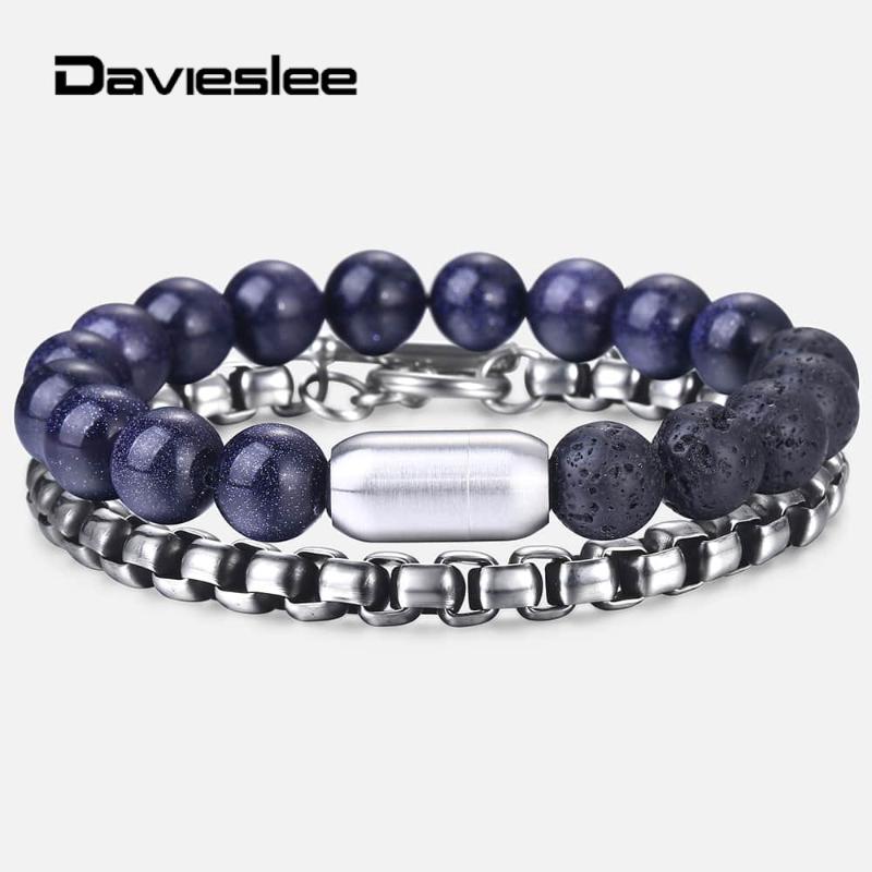 Link, Chain 2Pcs-Set Blue Sandstone Bracelet For Men Boy Stainless Steel Box Link Wristband Punk Surfer Stone Jewelry Gift 8&quot; DDLBF26