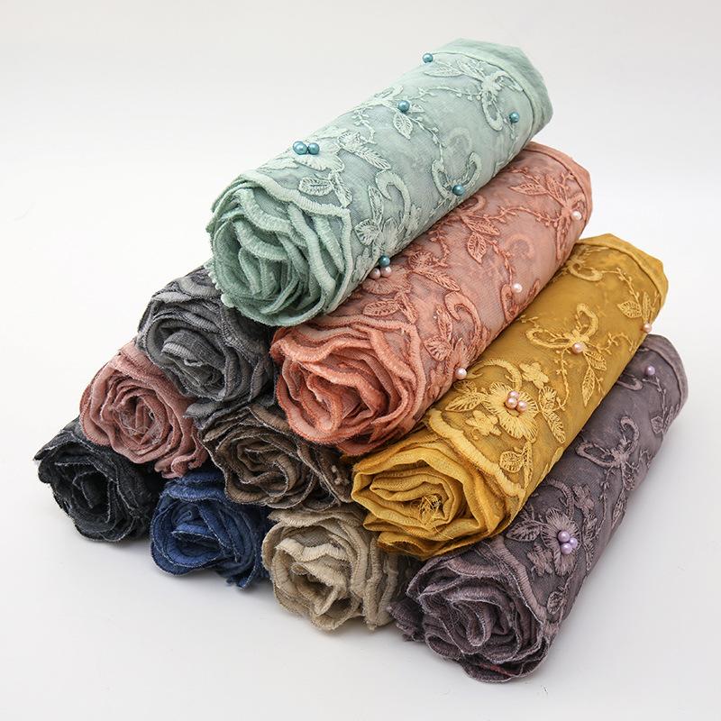 Scarves Exquisite Lace Embroidered Scarf Autumn Winter Tie-dye Cotton Hijab Muslim Plain Headwrap Women&#039;s Floral Headscarf Long Shawl