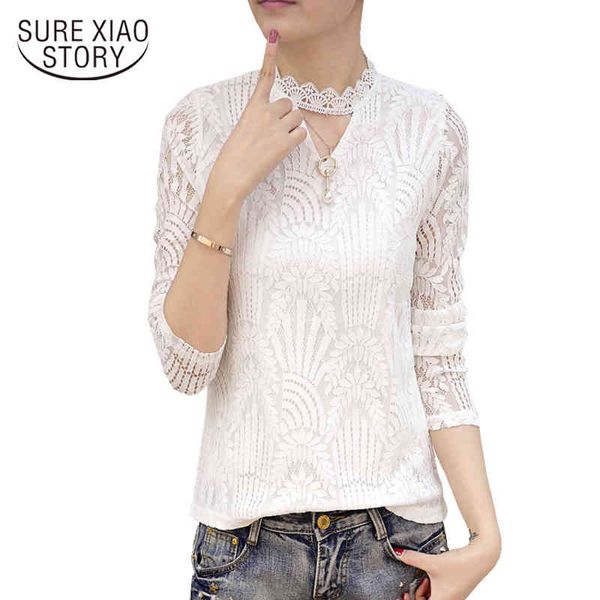spring lace women blouses shirt long sleeve tops hollow out solid white &#039;s clothing blusas D250 30 210521