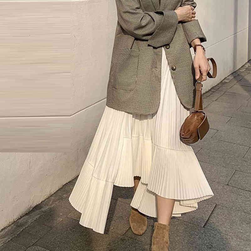 Skirts Asymmetrical Pleated Chiffon Spring Summer Korea Fashion High Waist Slim White A Line Women Long S668 6JVB