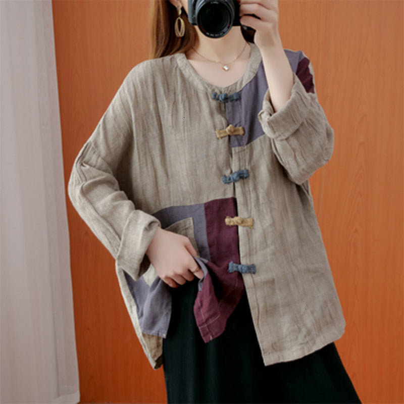 Women&#039;s Cape Spring Autumn Arts Style Women Long Sleeve Loose Shirts Vintage Button Patchwork Cotton Linen Blouses Femme Tops M563