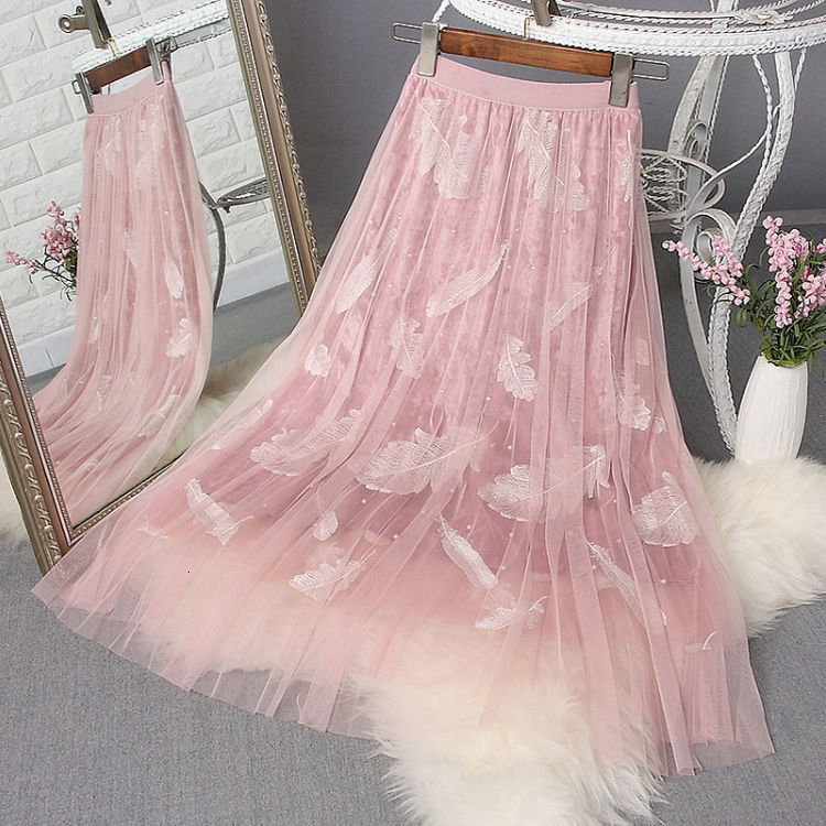 Skirts Spring Fashion Women High Waist Long Feathers Embroidery A-line three layers fabric Sweet Womens Mesh D181 8Z14