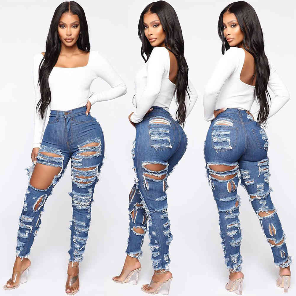Women&#039;s Jeans Spring and Summer Cut Tear Elastic Slim Leggings Fashion High Waist Women
