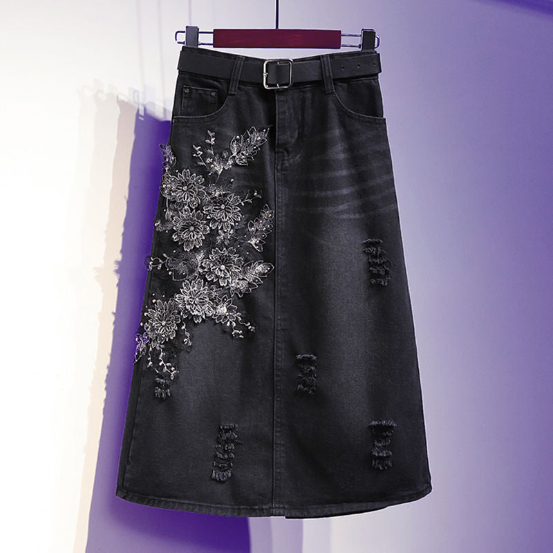 Skirts Arrival Spring Autumn Korea Fashion Women High Waist Knee-length Denim Embroidery Floral A-line Plus Size S826 9OR5