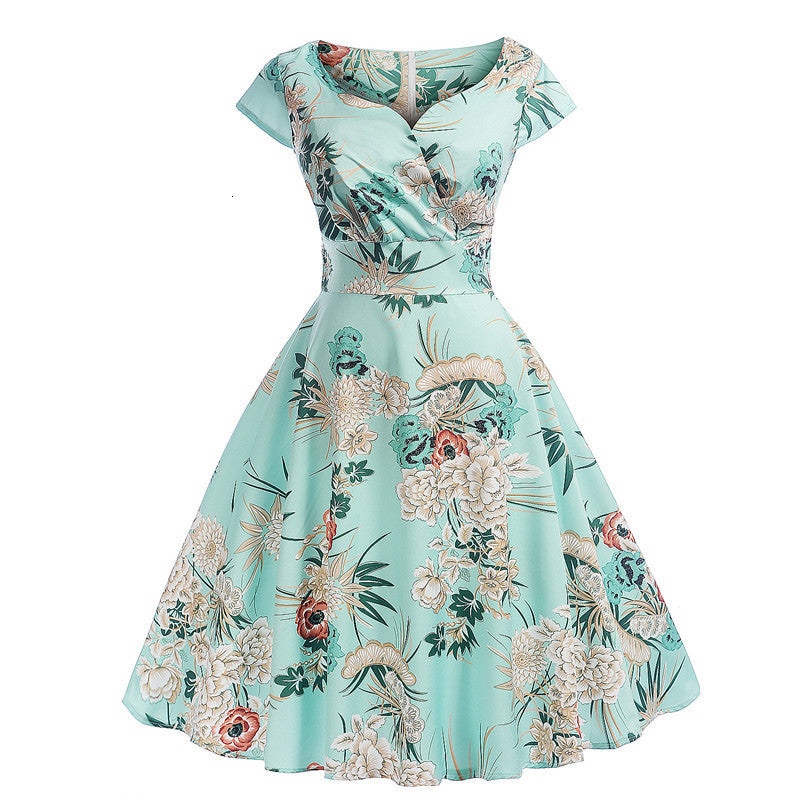 Casual Dresses Vintage Hepburn Style Women 50S 60S Slim Short Sleeve Print Party Ladies Elegant Spring Summer Swing AERH