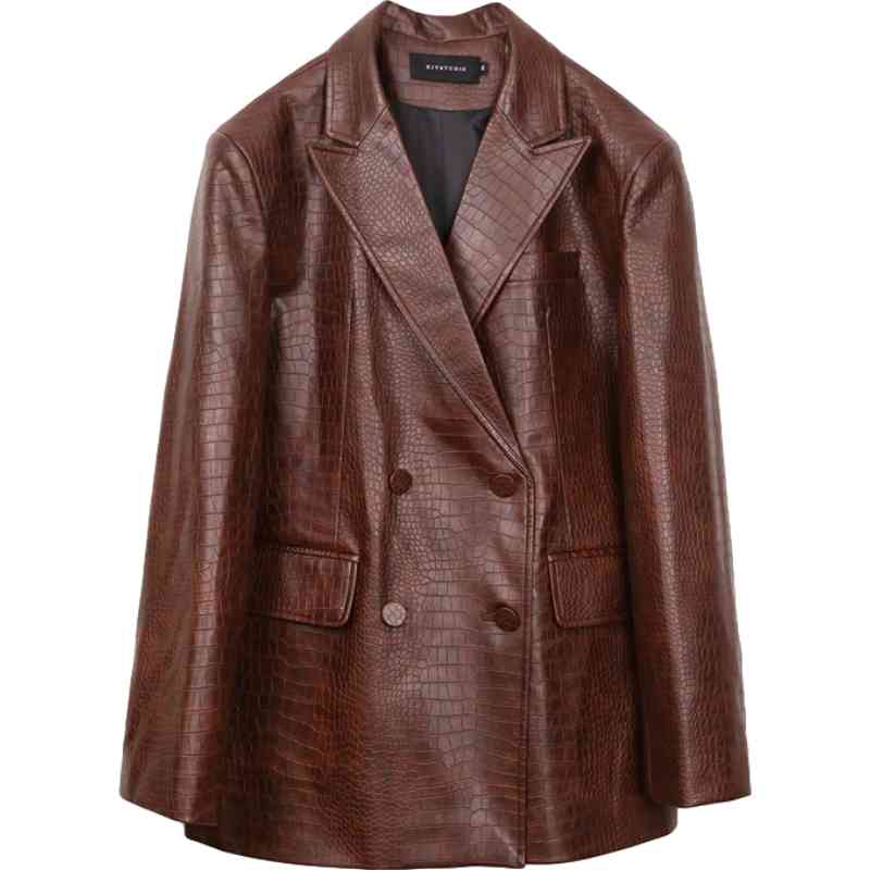 Women&#039;s Jackets Women Fashion PU Leather Jacket Vintage Brown Alligator Pattern Loose Coat Spring Autumn Female Outerwear G803 S8