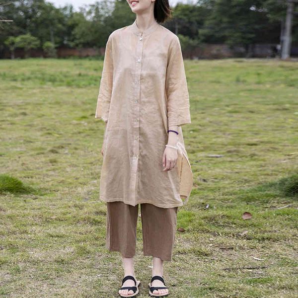 Johnature Women Ramie Long Shirts And Tops Solid Color Chinese Style Blouses Summer Stand Seven Sleeve Vintage Shirts 210521