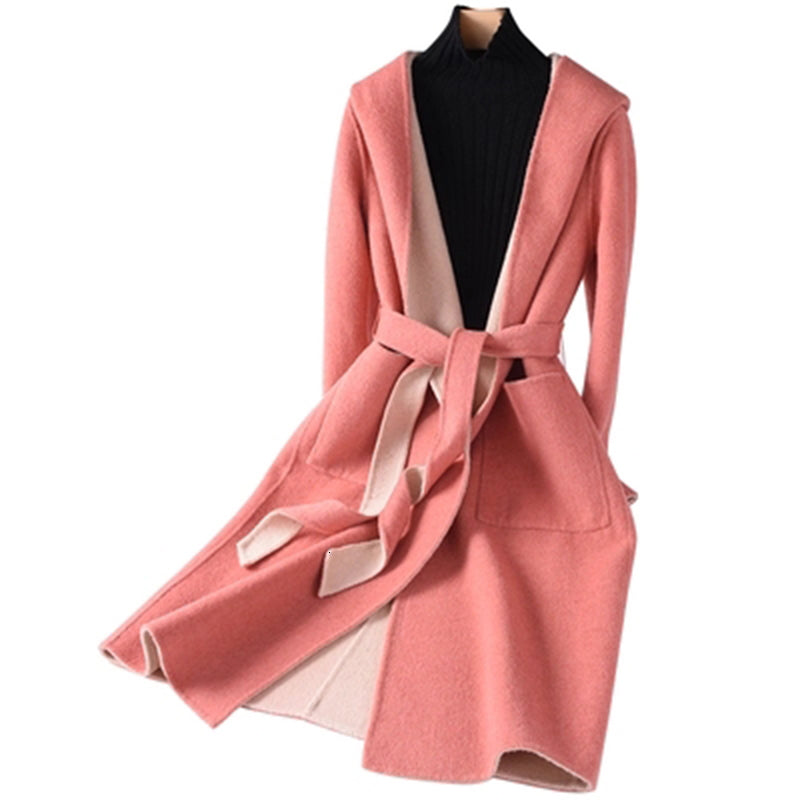 Women&#039;s Trench Coats Hooded Double Sided Wool Women Autumn With Sheep Shearling Coat Female Long Casual Warm Outerwear G36Z